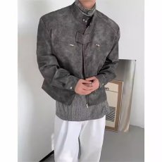 批发美式复古立领<b class='q'>皮衣</b>男扎染短款宽松拉链夹克外套帅气百搭新款潮