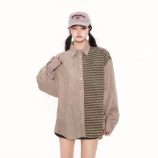 批发春秋季休闲条纹衬衫男女<b class='q'>长袖</b>休闲高品质运动拼接衬衣打底衫外套