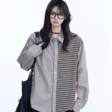 批发春秋季休闲条纹衬衫男女<b class='q'>长袖</b>休闲高品质运动拼接衬衣打底衫外套