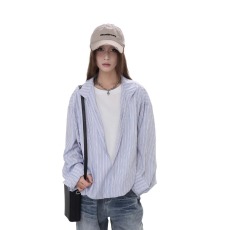 批发春季复古竖条纹假两件<b class='q'>长袖</b>衬衫男女潮牌情侣宽松高级感休闲衬衣