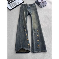 批发美式复古蓝斜切纽扣<b class='q'>牛仔裤</b><b class='q'>男</b>款设计感直筒<b class='q'>修身</b>裤子直筒微喇弯刀裤