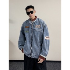 批发潮牌美式复古<b class='q'>牛仔外</b><b class='q'>套男</b>穿搭套装撞色立领街头机车赛车服夹克上衣