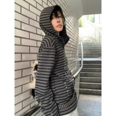 批发美式<b class='q'>街头</b>风连帽卫衣男女春秋季条纹半拉链亚文化外套朋克上衣