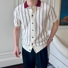 批发<b class='q'>商务</b>风成熟翻领条纹拼色纽扣开衫<b class='q'>衬衣</b>男夏季透气舒适百搭短袖上衣