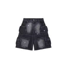 批发美式高街多口袋工装<b class='q'>牛仔</b>中裤<b class='q'>男</b>重工A字磨破五分宽松阔腿<b class='q'>短裤</b>子ins