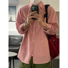 批发美式复古红白格纹<b class='q'>长袖</b><b class='q'>衬衫</b><b class='q'>男</b>女宽松休闲百搭通勤<b class='q'>衬衣</b>沙滩遮阳外套