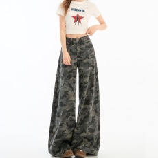 批发美式高街<b class='q'>迷彩</b>阔腿工装<b class='q'>裤</b>女2026春季宽松直筒显瘦百搭拖地牛仔长<b class='q'>裤</b>