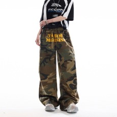 批发美式复古字母印花弯刀<b class='q'>迷彩</b><b class='q'>裤</b>女男春季宽松做旧松紧腰阔腿牛仔长<b class='q'>裤</b>