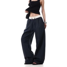 批发大码复古格子宽松阔腿裤女秋季新款胖mm<b class='q'>显瘦</b>遮肉高腰垂感<b class='q'>运动</b>裤子