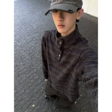 批发复古条纹亨利领毛衣男宽松立领<b class='q'>针织衫</b>深色系高级感<b class='q'>男装</b>长袖上衣