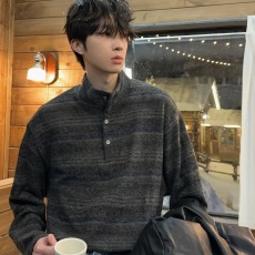 批发复古条纹亨利领毛衣男宽松立领<b class='q'>针织衫</b>深色系高级感<b class='q'>男装</b>长袖上衣