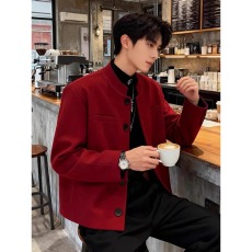 批发秋季复古酒红色雅痞垫肩小立领短款<b class='q'>西服</b>外套<b class='q'>男</b>高级感毛呢外套韩版