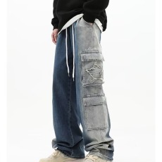 批发美式高街多口袋工装<b class='q'>牛仔裤</b>男春秋夏季薄款宽松直筒阔腿<b class='q'>男生</b>长裤子