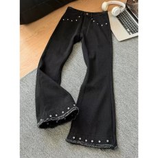 批发黑色毛边柳钉<b class='q'>牛仔裤</b><b class='q'>男</b>秋季小众高级感裤子美式cleanfit<b class='q'>修身</b>微喇裤