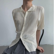 批发镂空翻领<b class='q'>针织</b><b class='q'>开衫</b>短袖<b class='q'>男</b>夏季高级肌理感透气宽松百搭t恤POLO衫潮