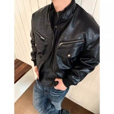 批发2026新款美式复古荔枝纹PU<b class='q'>皮衣</b>棉服夹克男女春秋季机车服外套