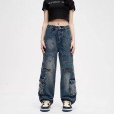 批发美式复古工装多口袋水洗牛仔裤男女宽松阔腿拖地长裤重磅潮牌<b class='q'>街头</b>