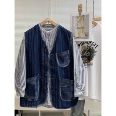 批发大码肌理感大口袋撞色V领休闲牛仔马甲男女夏季日系复古外套潮牌