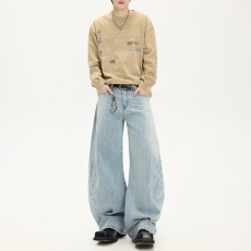 批发欧美中性弯刀牛仔裤男女春秋新款宽松显瘦<b class='q'>韩版</b>潮酷百搭阔腿裤长裤