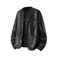 批发高级感cleanfit无领修身西装外套男春秋PU<b class='q'>皮衣</b>痞帅垫肩<b class='q'>机车</b>夹克潮