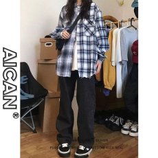 批发美式<b class='q'>街头</b>格子拼接衬衫男女春秋季少年感宽松休闲男友风衬衣外套潮