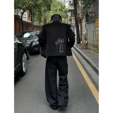 批发新中式立领蓝宝石纽扣中山装夹克男高级感痞帅灯芯绒西服短款外套