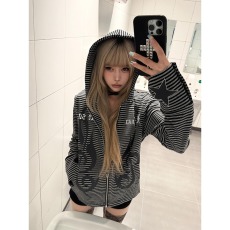 批发美式街头条纹连帽<b class='q'>卫衣</b>女春秋季修身显瘦新款拉链<b class='q'>开衫</b>外套上衣