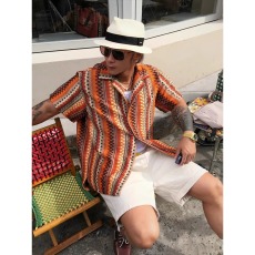 批发民族风镂空编织古巴领<b class='q'>半截</b><b class='q'>袖</b>衬衫男女复古夏季撞色设计感短<b class='q'>袖</b>衬衣