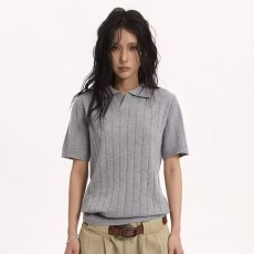 批发2025新款简约麻花短袖女polo纯棉翻领针织上衣中半袖毛衣打底衫
