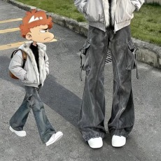 批发黑灰色大口袋微喇牛仔裤男款秋<b class='q'>冬</b>潮牌痞帅炸街裤子宽松直筒休闲裤