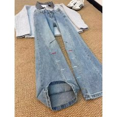 批发蓝色斜切闪电纹牛仔裤男秋<b class='q'>冬</b>美式高街vibe裤子cleanfit直筒微喇裤