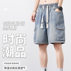 批发牛仔短裤<b class='q'>男士</b>新款夏季宽松大码五分裤潮流中裤休闲松紧口袋<b class='q'>裤子</b>