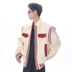 批发2026美式复古撞色拼接廓形垫肩外套男潮牌<b class='q'>街头</b>宽松棒球服夹克