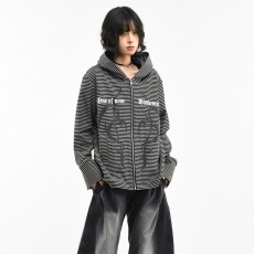 批发美式街头条纹连帽<b class='q'>卫衣</b>女春秋季修身显瘦新款拉链<b class='q'>开衫</b>外套上衣