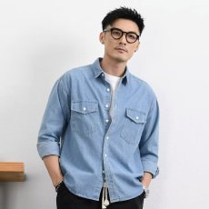 批发牛仔衬衫男长袖春秋款宽松美式休闲衬衣青春复古简约外<b class='q'>套男</b>潮慵懒