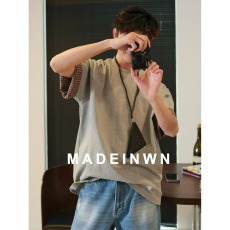 批发夏季撞色双领口短<b class='q'>袖</b>男日系简约假二件格子T恤宽松<b class='q'>半截</b><b class='q'>袖</b>上衣