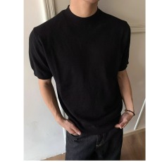 批发简约慵懒百搭<b class='q'>原宿</b><b class='q'>新款</b>无品牌潮流黑色修身半高领短袖针织打底衫男