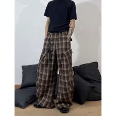 批发咖色皮质拼接腰头毛呢格纹阔腿裤女<b class='q'>冬</b>季新款时尚百搭高腰显瘦长裤