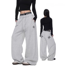 批发哥特风字母印花双腰头卫裤男女潮牌十字架阔腿裤宽松爵士舞<b class='q'>裤子</b>女