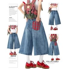 批发设计感口袋拼接格子牛仔裤男2026年夏季新款高腰直筒七分牛仔中裤