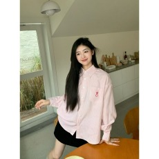 批发简约条纹长袖衬衫美式复古趣味印花学院风宽松情侣外套<b class='q'>秋</b>