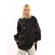 批发小众金属拉链长袖衬衫男<b class='q'>秋</b>季美式高街痞帅宽松高级设计感外穿衬衣