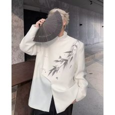 批发2026新中式国风斜门襟盘扣中山装男水墨竹子西装外套唐装白色西服