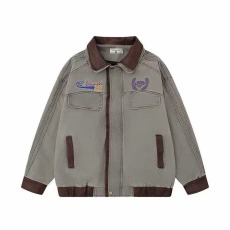 批发2026美式复古数字刺绣双层领夹克男女宽松假两件情侣<b class='q'>牛仔外</b>套