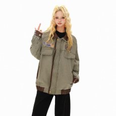 批发2026美式复古数字刺绣双层领夹克男女宽松假两件情侣<b class='q'>牛仔外</b>套