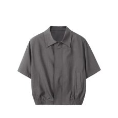 批发简约短款宽垫肩拉链夹克<b class='q'>冬</b>季boxy翻领纯色飞行员外套男