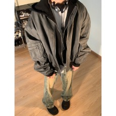 批发美式复古假两件连帽外套男<b class='q'>女</b>春秋新款拼接纹理感短款PU<b class='q'>皮衣</b>夹克潮