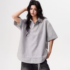 批发<b class='q'>夏季</b>新款美式复古条纹假两件短袖POLO衫男女潮牌宽松百搭<b class='q'>情侣</b><b class='q'>体恤</b>