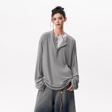 批发高级感亨利领<b class='q'>长袖</b><b class='q'>T</b><b class='q'>恤</b>女<b class='q'>男</b>秋季纯色透气通勤打底衫松弛感情侣上衣