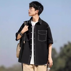 批发衬衫<b class='q'>男</b>款2025新款夏季美式复古工装上衣黑色<b class='q'>夹克</b>休闲宽松短袖衬衣